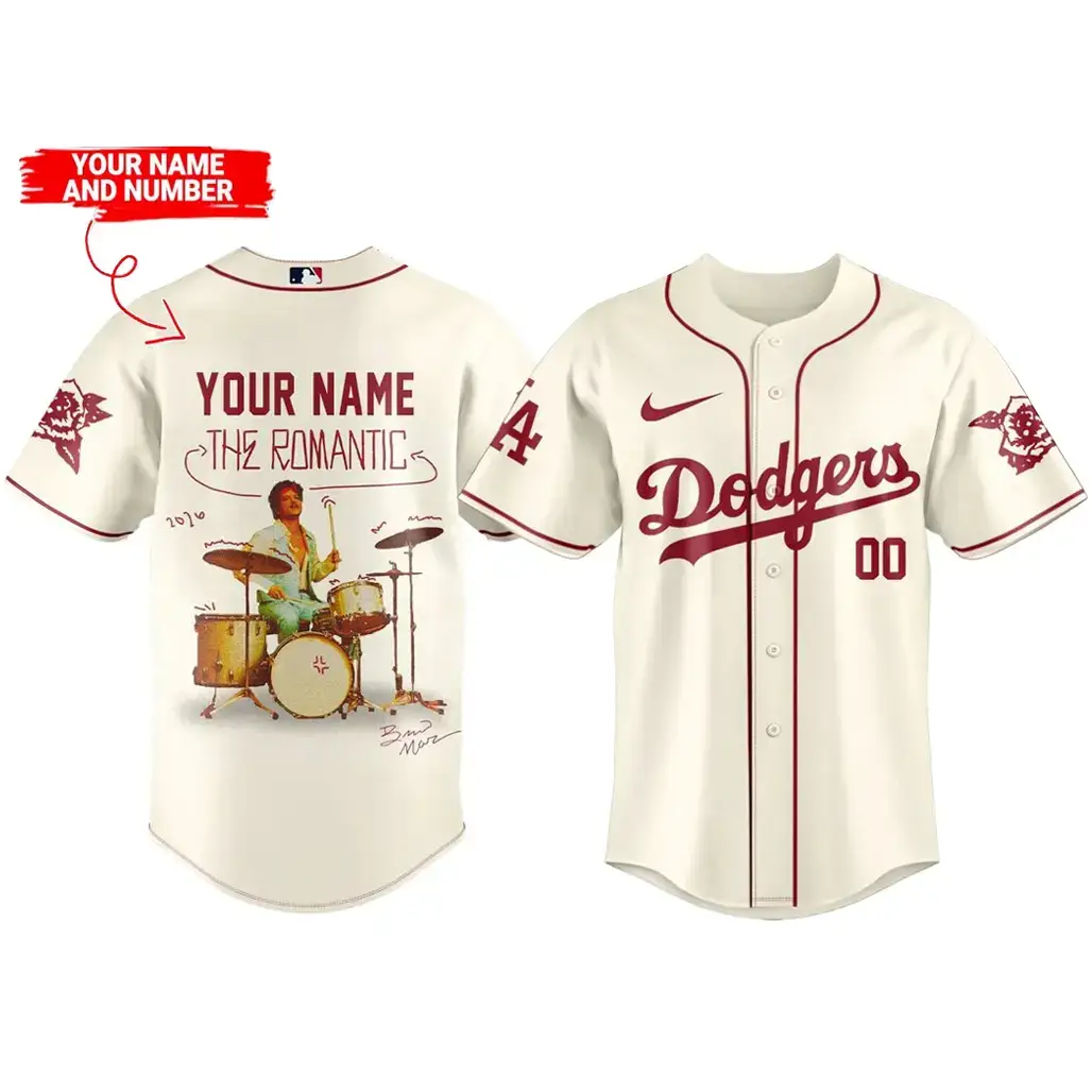 Custom Name and Number Los Angeles Dodgers x Bruno Mars The Romantic Tour 2026 Baseball Jersey Image