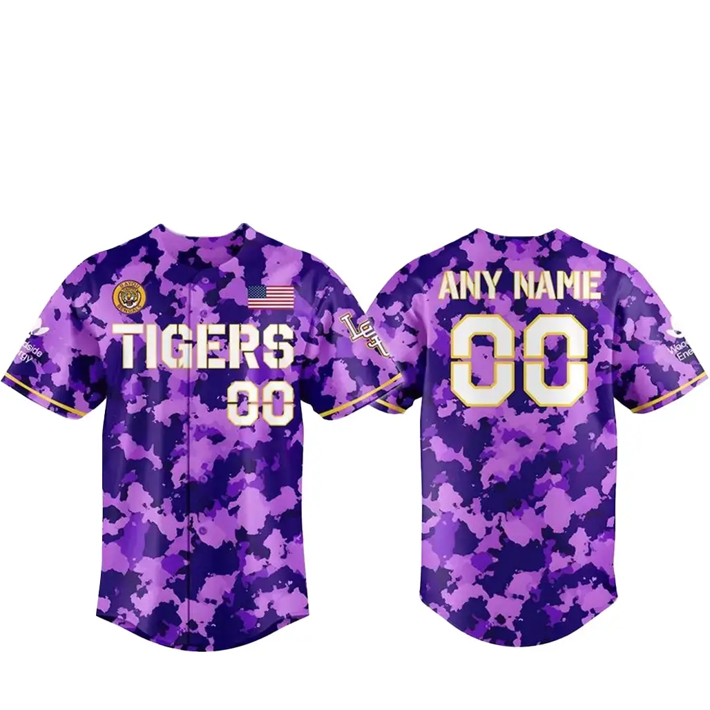 Custom Name and Number LSU Tigers 2026 Purple Camo Baseball Jersey Image