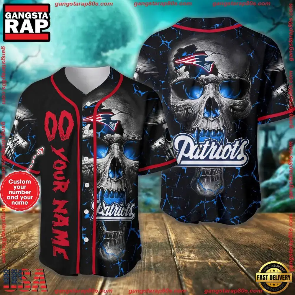 Custom Name And Number New England Patriots NFL Team Skull Baseball Jersey Shirt Image