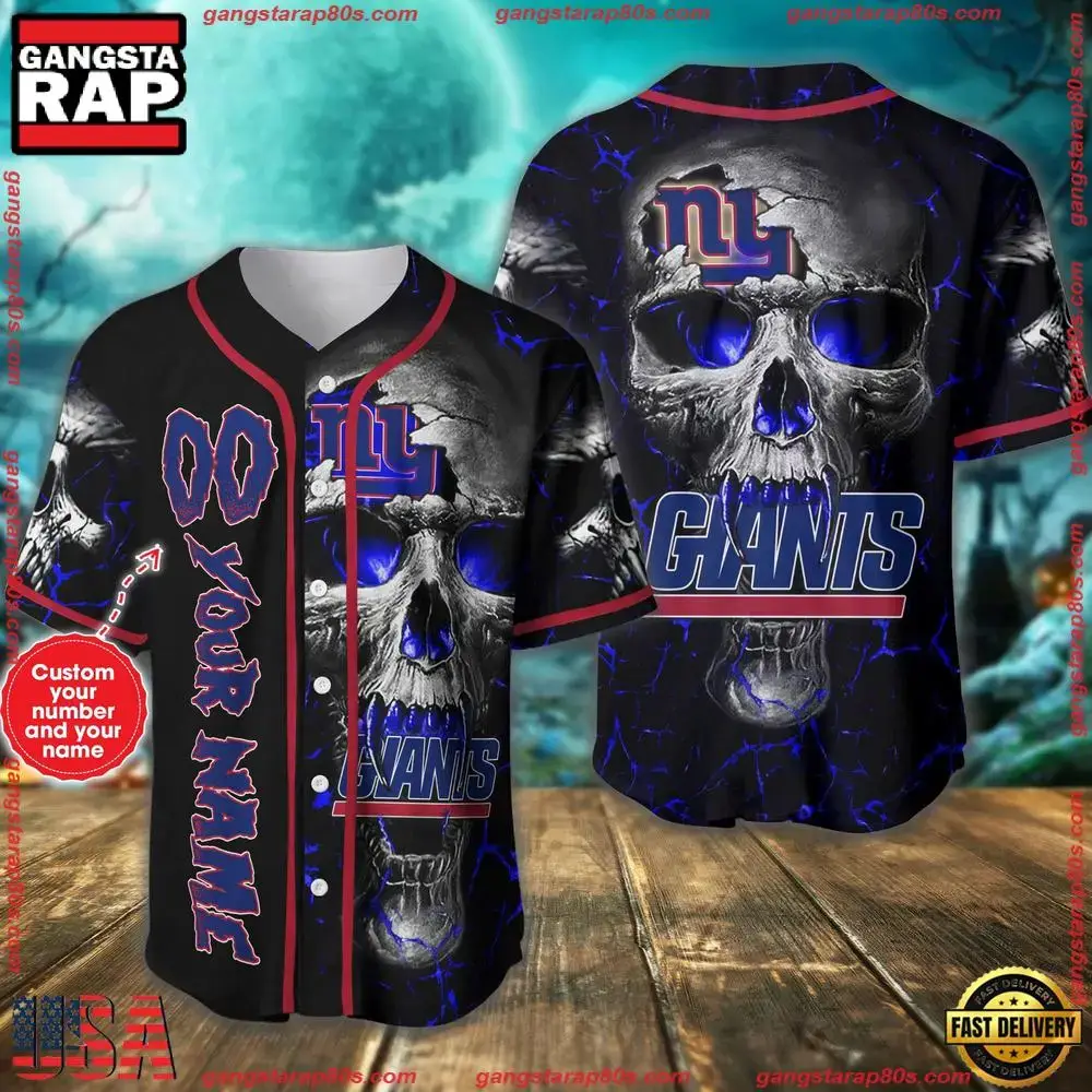Custom Name And Number New York Giants NFL Team Skull Baseball Jersey Shirt Image