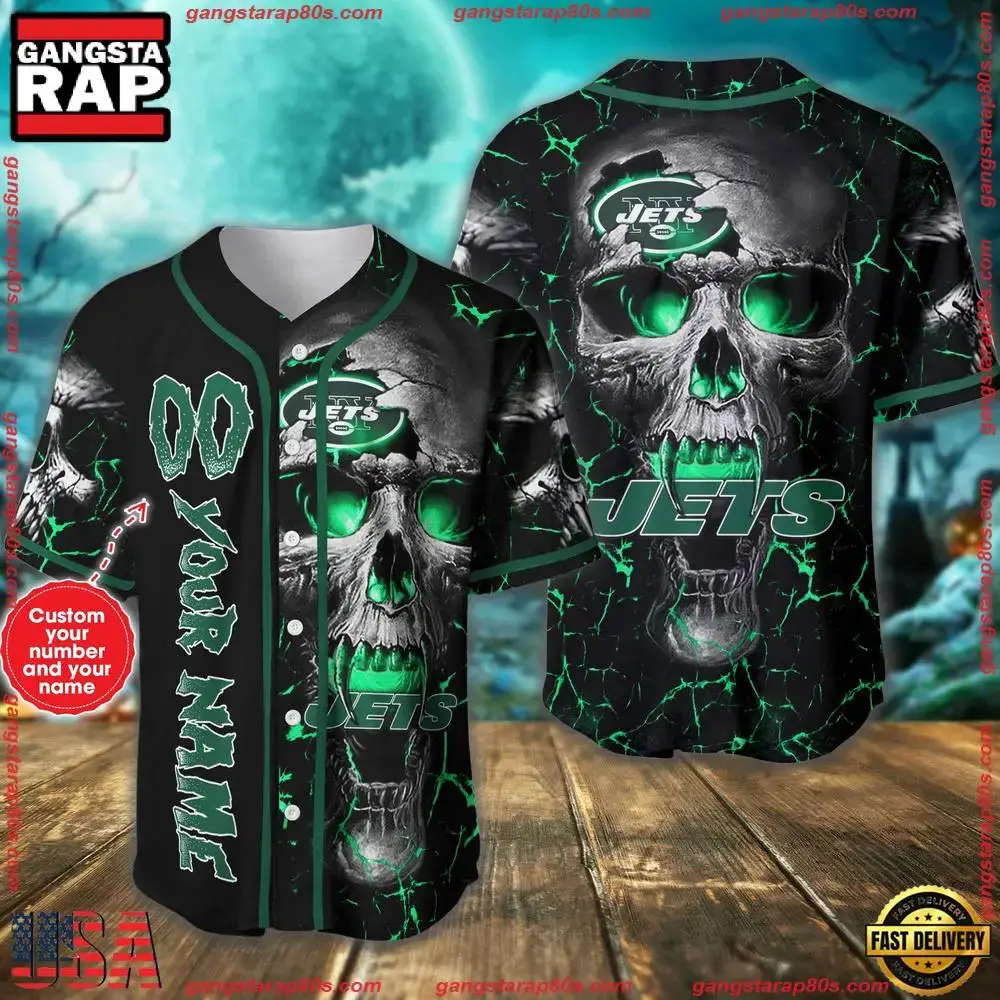 Custom Name And Number New York Jets NFL Team Skull Baseball Jersey Shirt Image