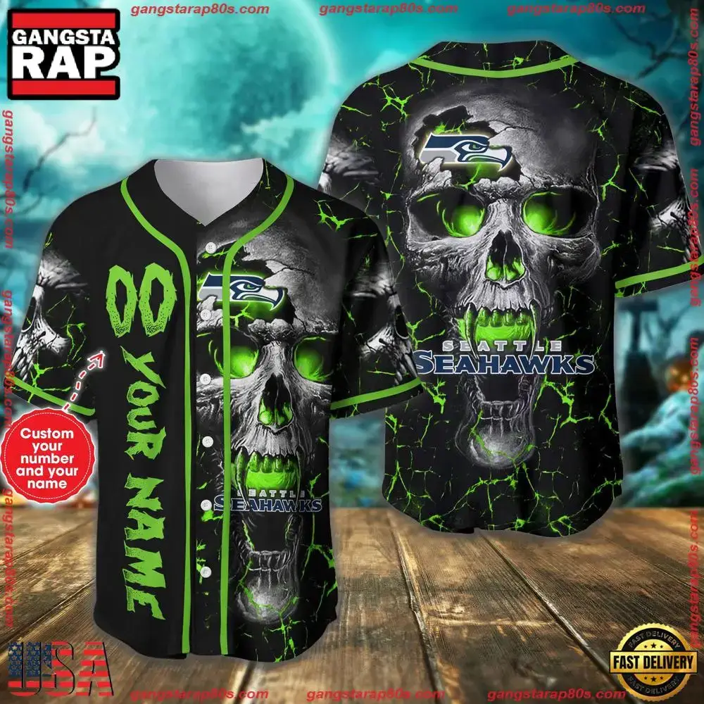 Custom Name And Number Seattle Seahawks NFL Team Skull Baseball Jersey Shirt Image