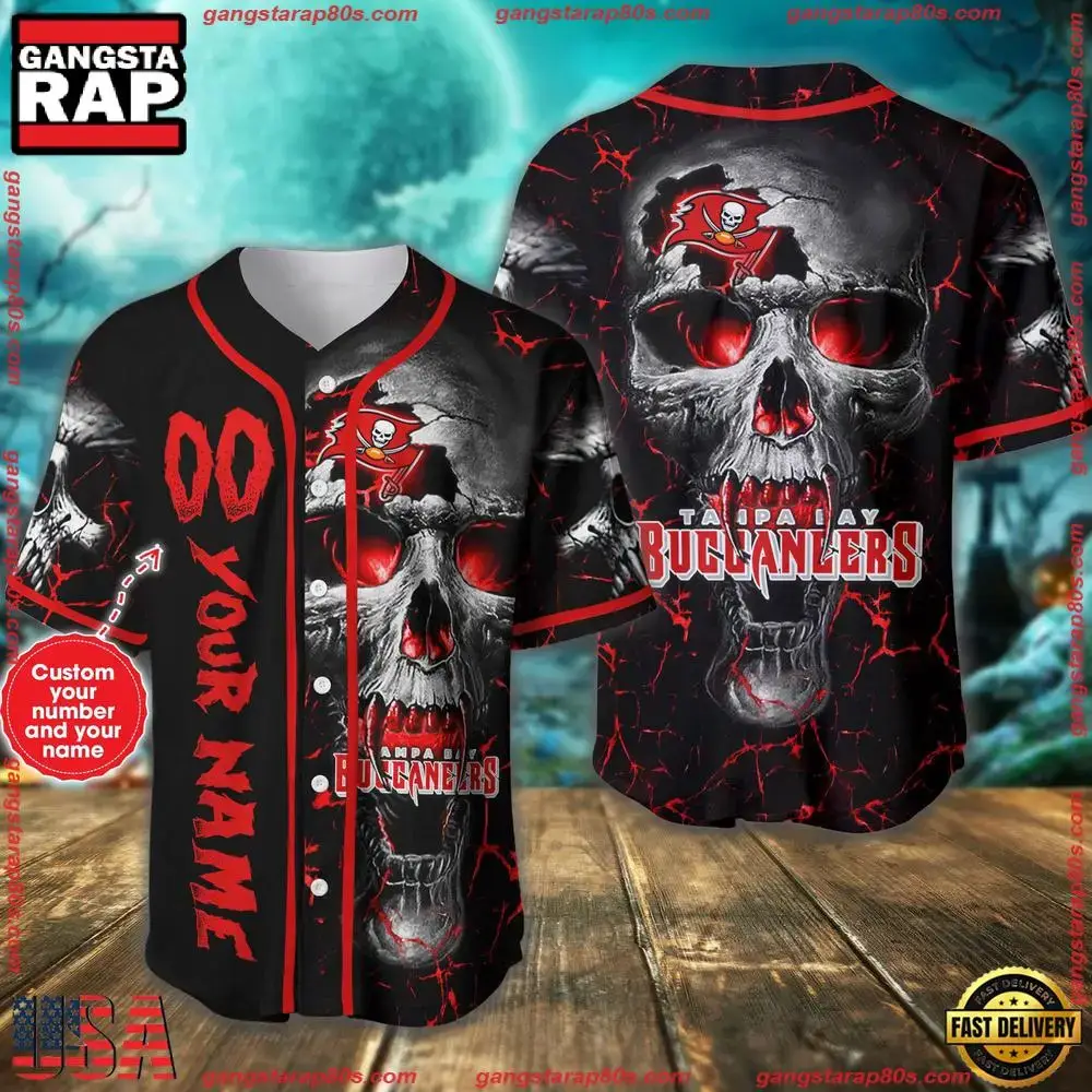 Custom Name And Number Tampa Bay Buccaneers NFL Team Skull Baseball Jersey Shirt Image
