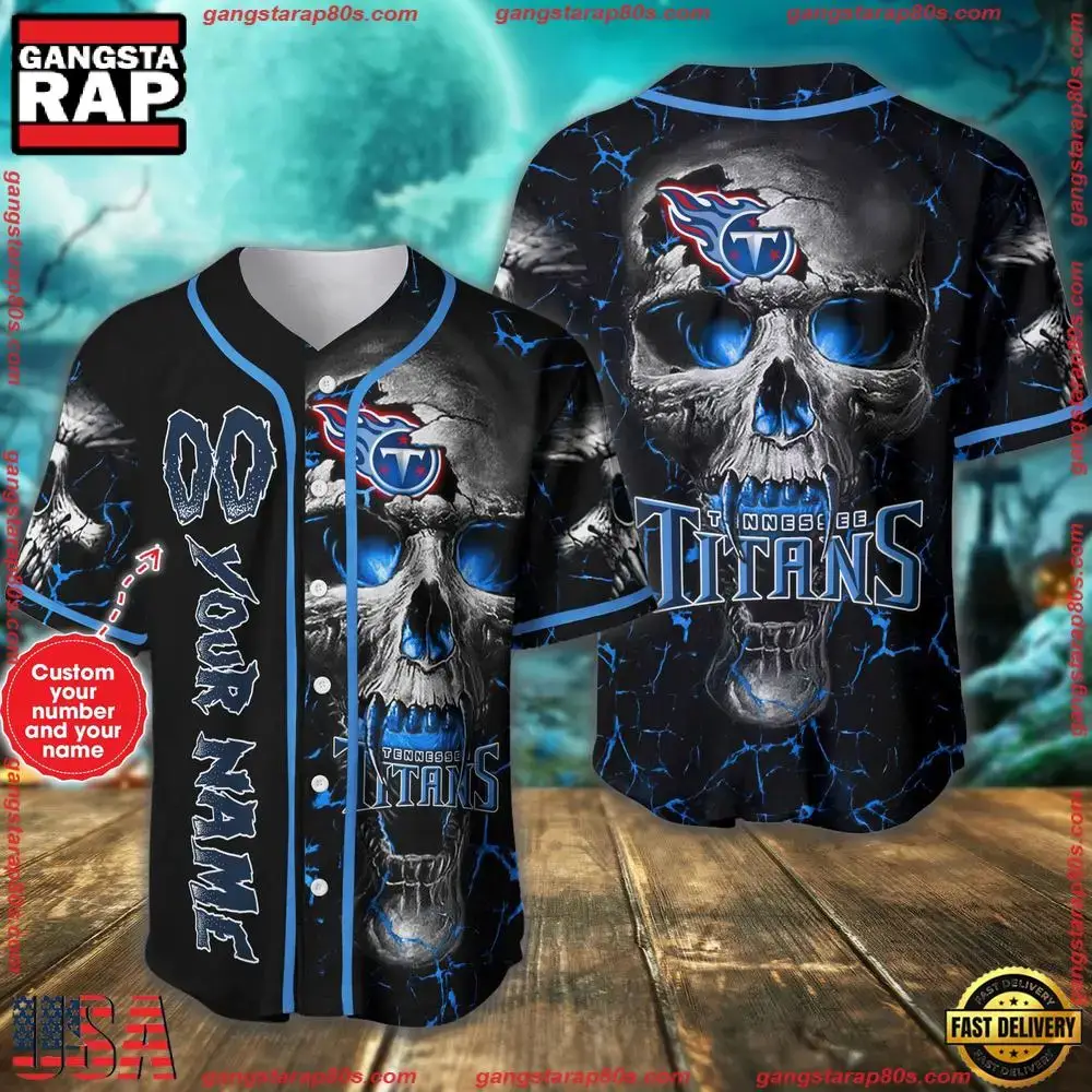 Custom Name And Number Tennessee Titans NFL Team Skull Baseball Jersey Shirt Image