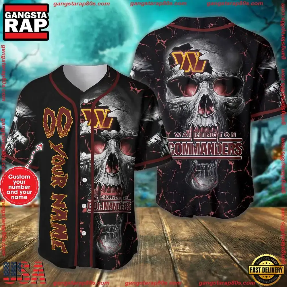 Custom Name And Number Washington Commanders NFL Team Skull Baseball Jersey Shirt Image
