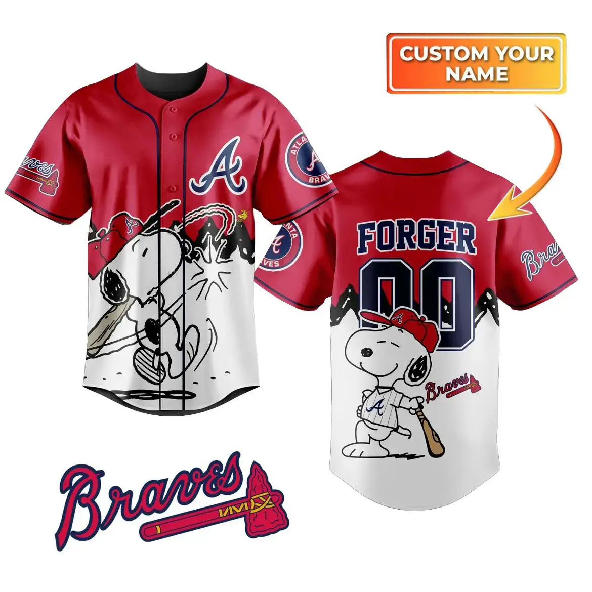 Custom Name Atlanta Braves Snoopy Homerun Peanuts Baseball Jersey Image