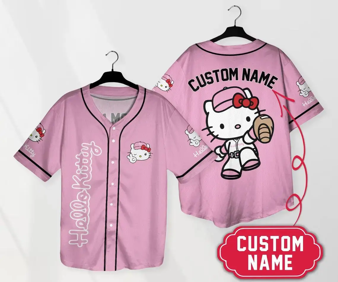 Custom Name Hello Kitty Pink Baseball Jersey - Personalized Cute Sportswear Gift Image