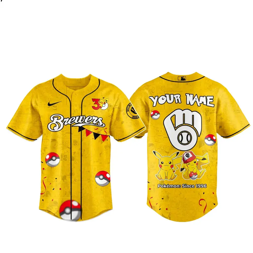 Custom Name Milwaukee Brewers x Pokemon 30th Anniversary Baseball Jersey Image