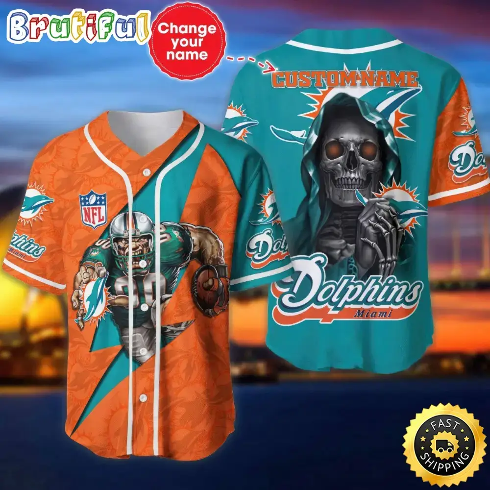 Custom Name NFL Miami Dolphins Baseball Jersey The Reaper Shirts Image