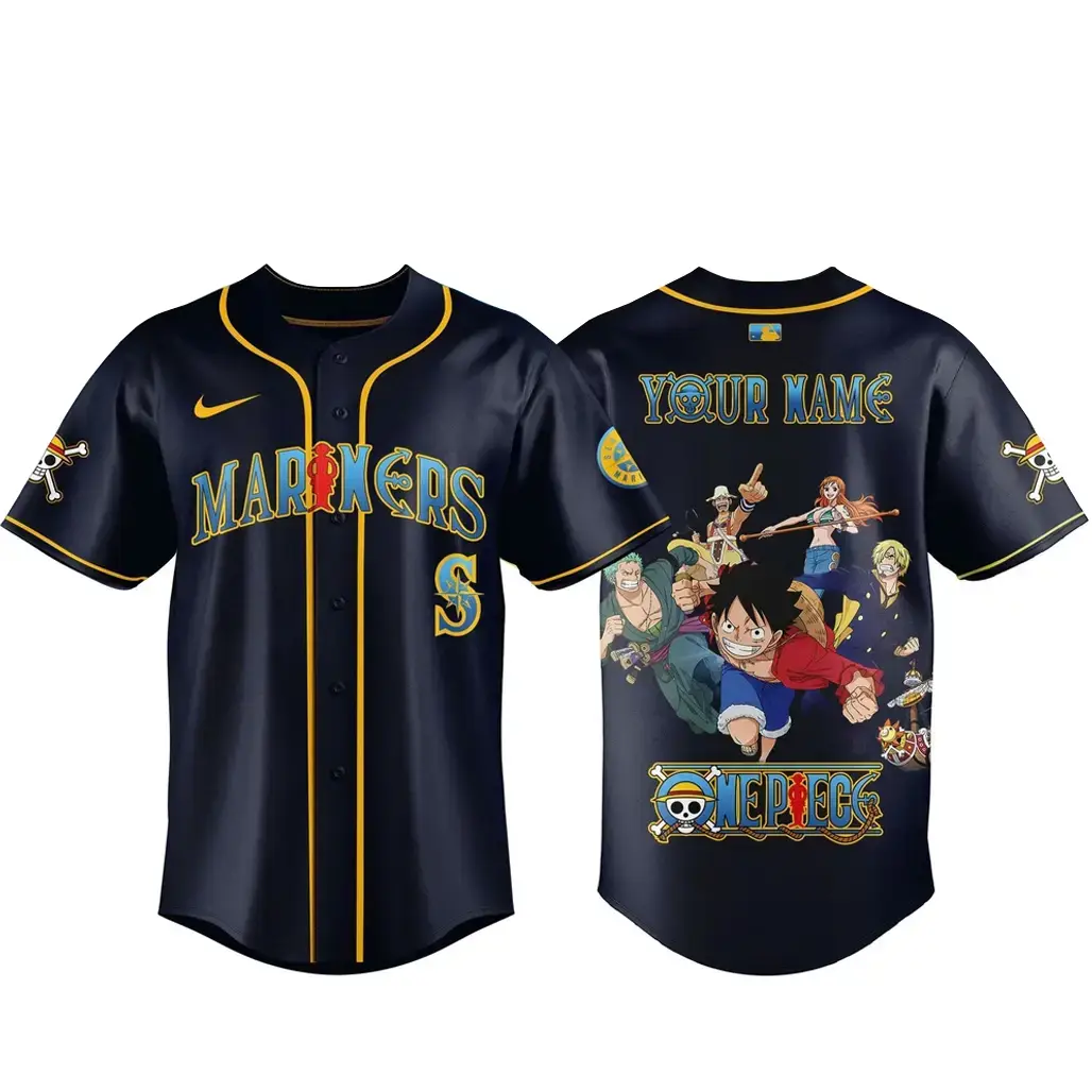Custom Name Seattle Mariners x One Piece Night 2026 Navy Baseball Jersey Image