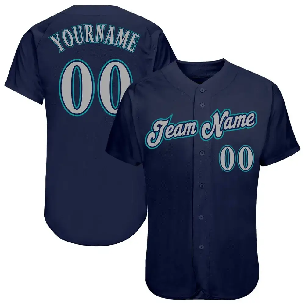 Custom Navy Gray-Teal Authentic Baseball Jersey Image