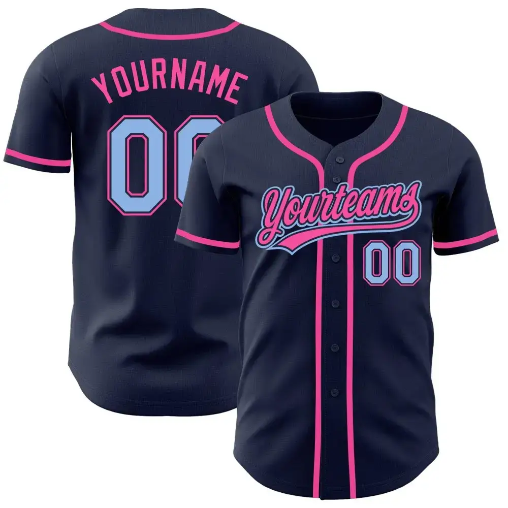 Custom Navy Light Blue-Pink Authentic Baseball Jersey Image