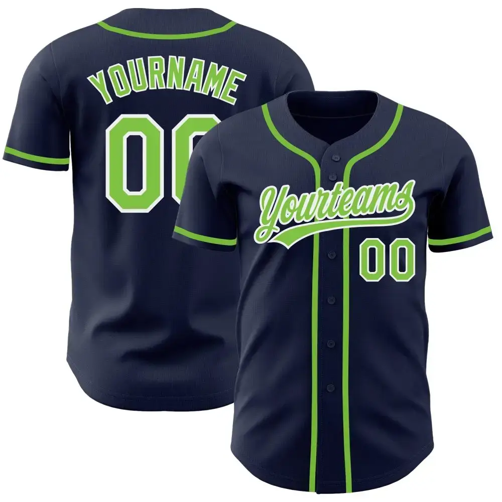 Custom Navy Neon Green-White Authentic Baseball Jersey Image