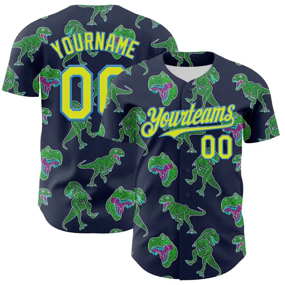 Custom Navy Neon Yellow-Electric Blue 3D Pattern Design Rave Psychedelic Neon Dinosaur Authentic Baseball Jersey Image