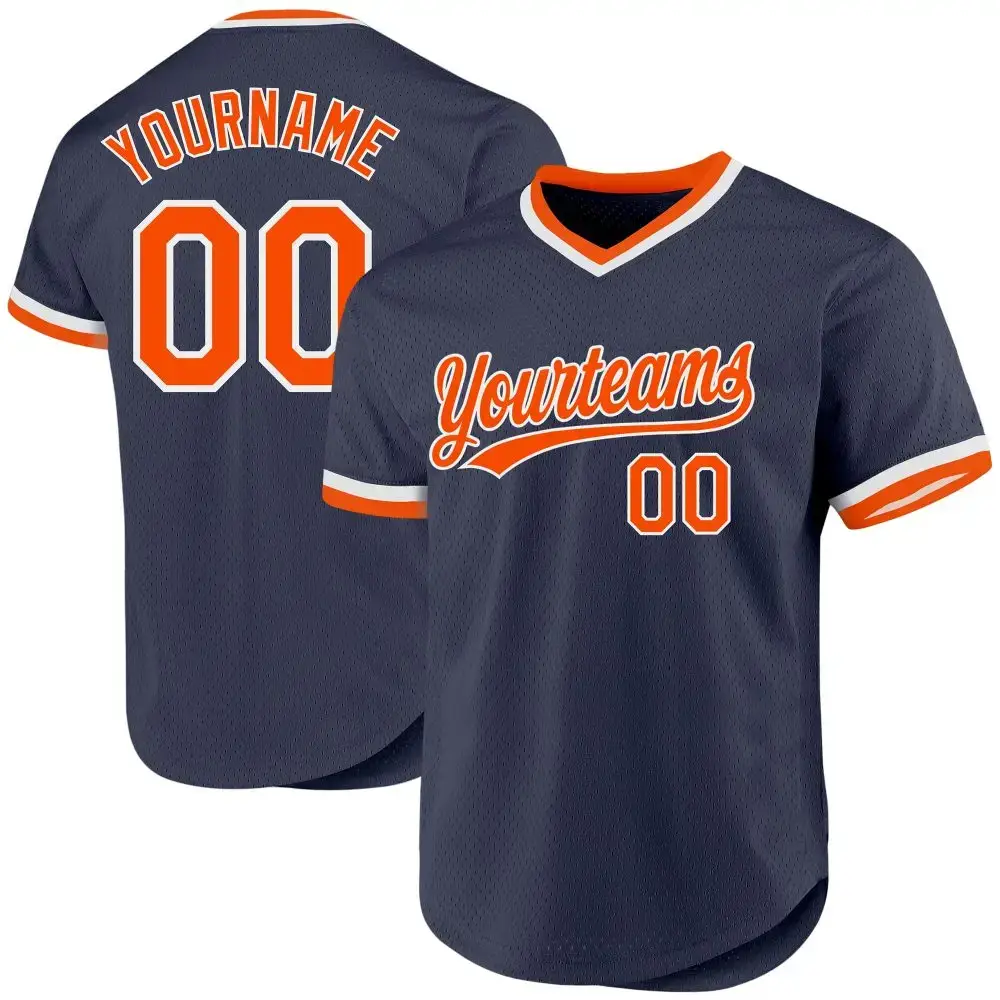 Custom Navy Orange-White Authentic Throwback Baseball Jersey Image