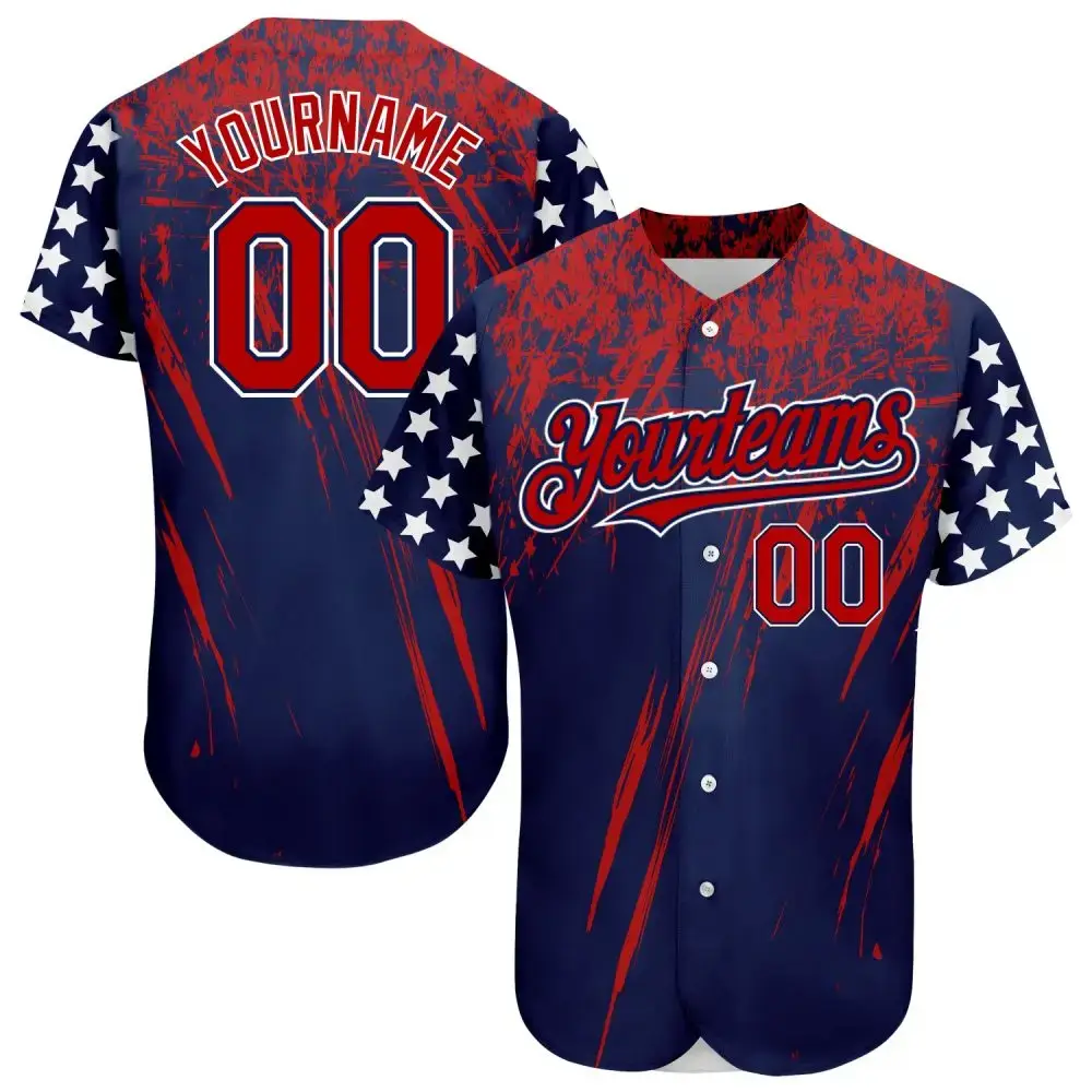Custom Navy Red-Royal 3D American Flag Authentic Baseball Jersey Image