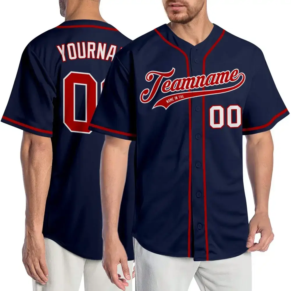 Custom Navy Red-White Authentic Baseball Jersey Image