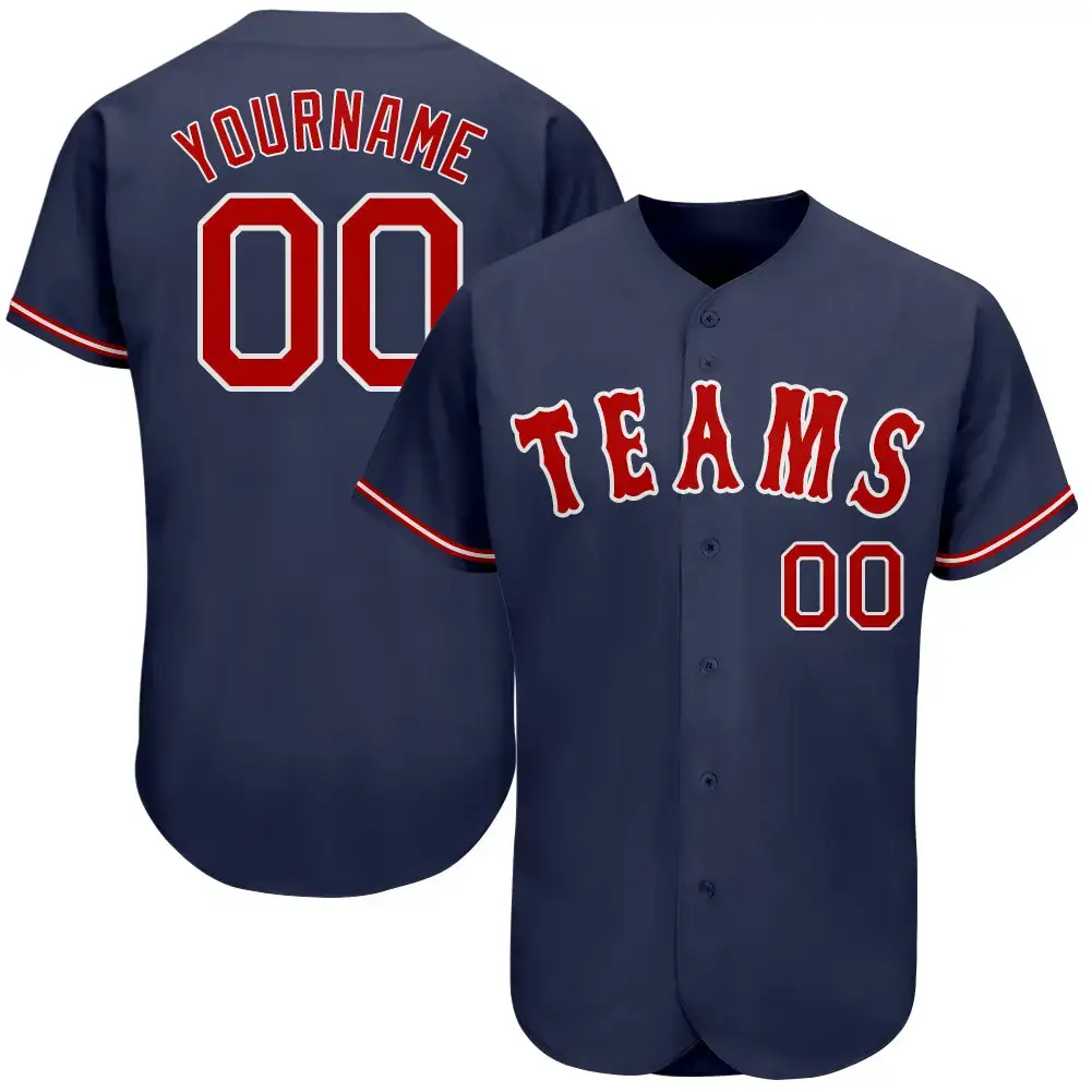 Custom Navy Red-White Authentic Baseball Jersey Image