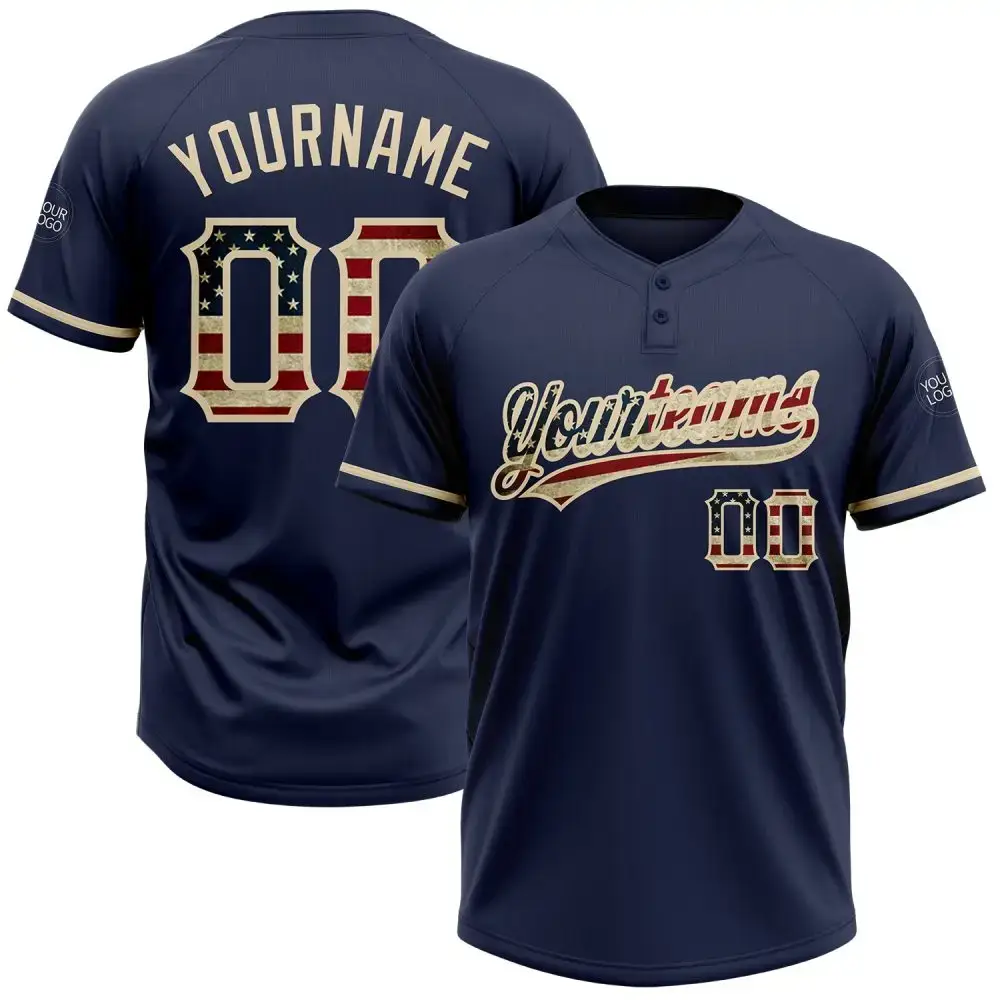Custom Navy Vintage Usa Flag-City Cream Two-Button Unisex Softball Jersey Image