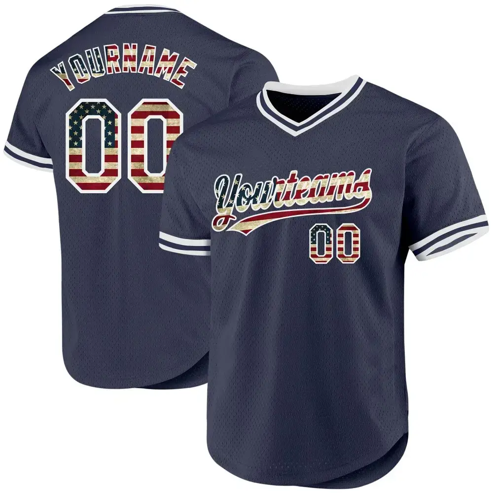 Custom Navy Vintage Usa Flag-White Authentic Throwback Baseball Jersey Image