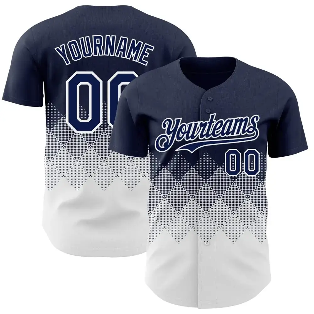 Custom Navy White 3D Gradient Square Shape Authentic Baseball Jersey Image