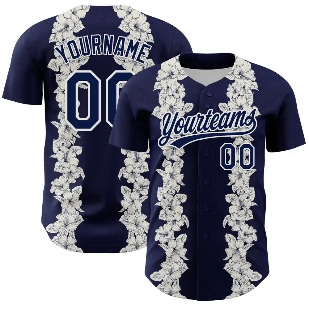 Custom Navy White 3D Tropical Hawaii Leaves And Flower Authentic Baseball Jersey Image