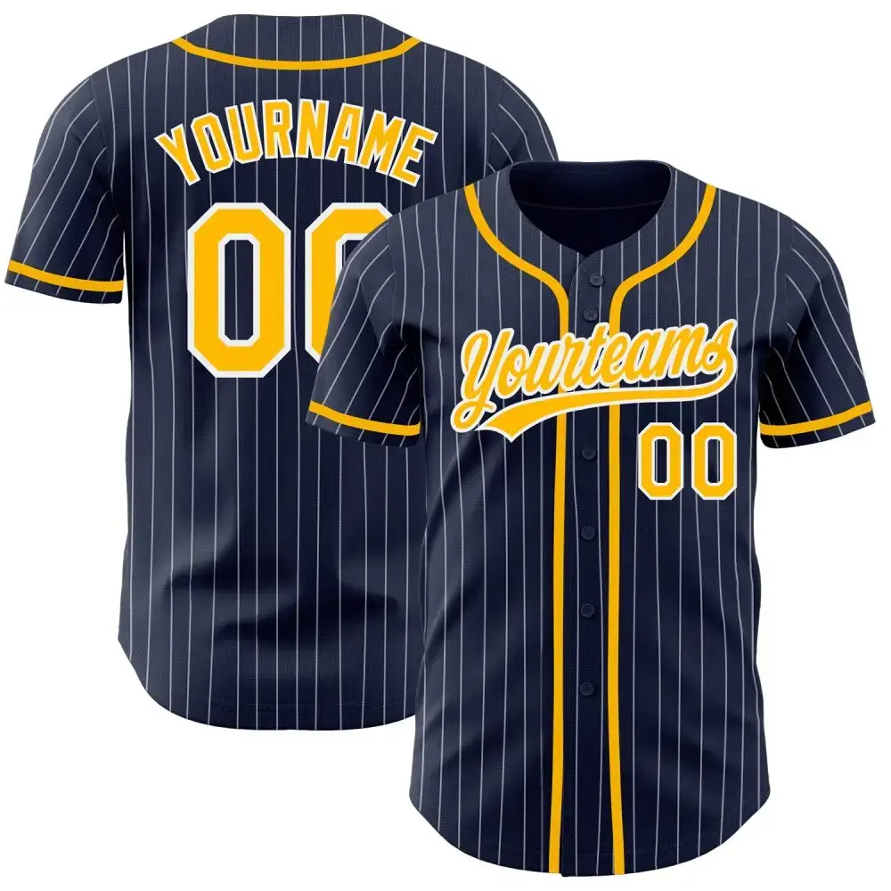 Custom Navy White Pinstripe Gold Authentic Baseball Jersey Image