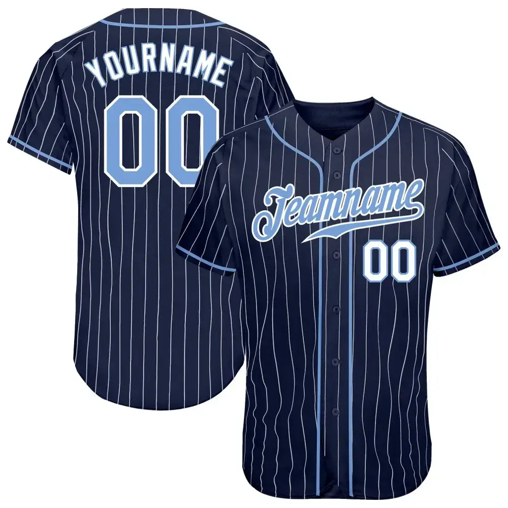 Custom Navy White Pinstripe Light Blue-White Authentic Baseball Jersey Image