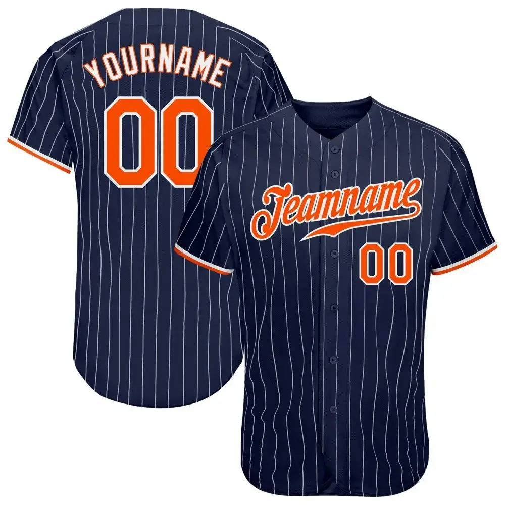 Custom Navy White Pinstripe Orange-White Authentic Baseball Jersey Image