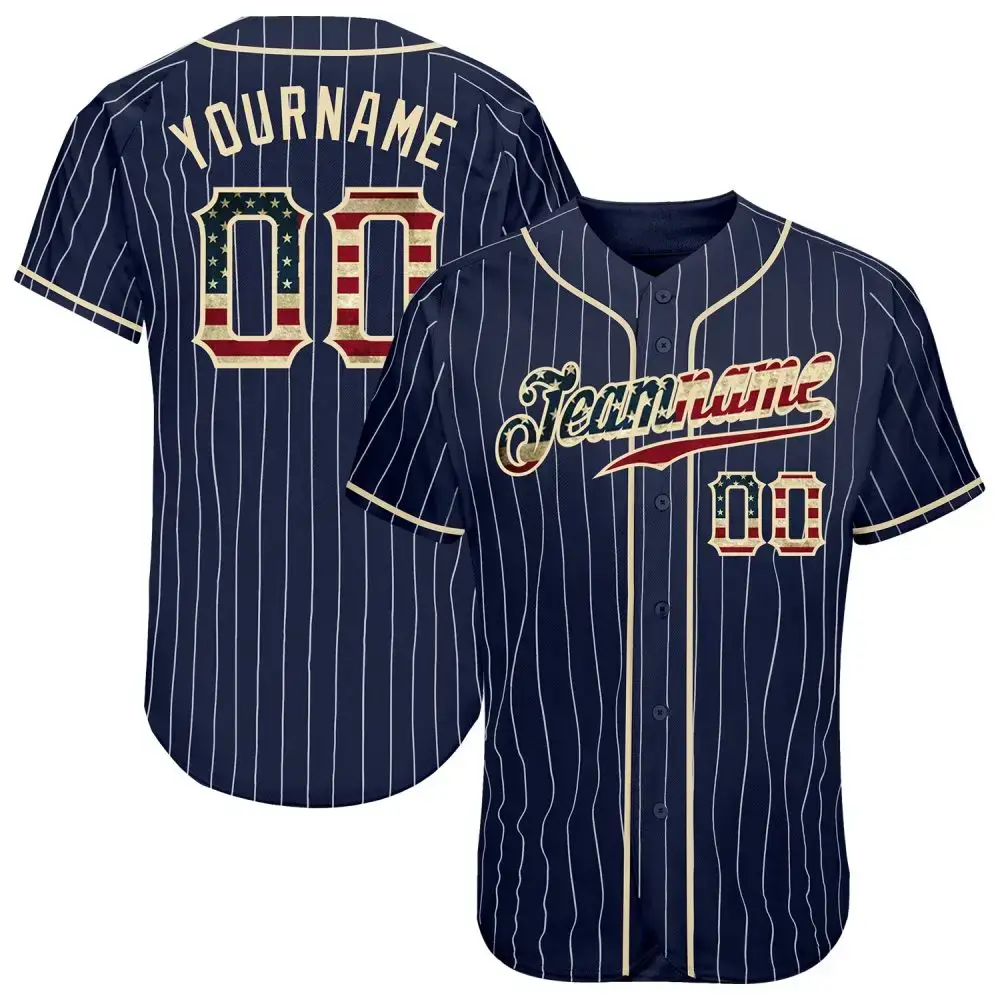 Custom Navy White Pinstripe Vintage Usa Flag-Cream Authentic Baseball Jersey Image