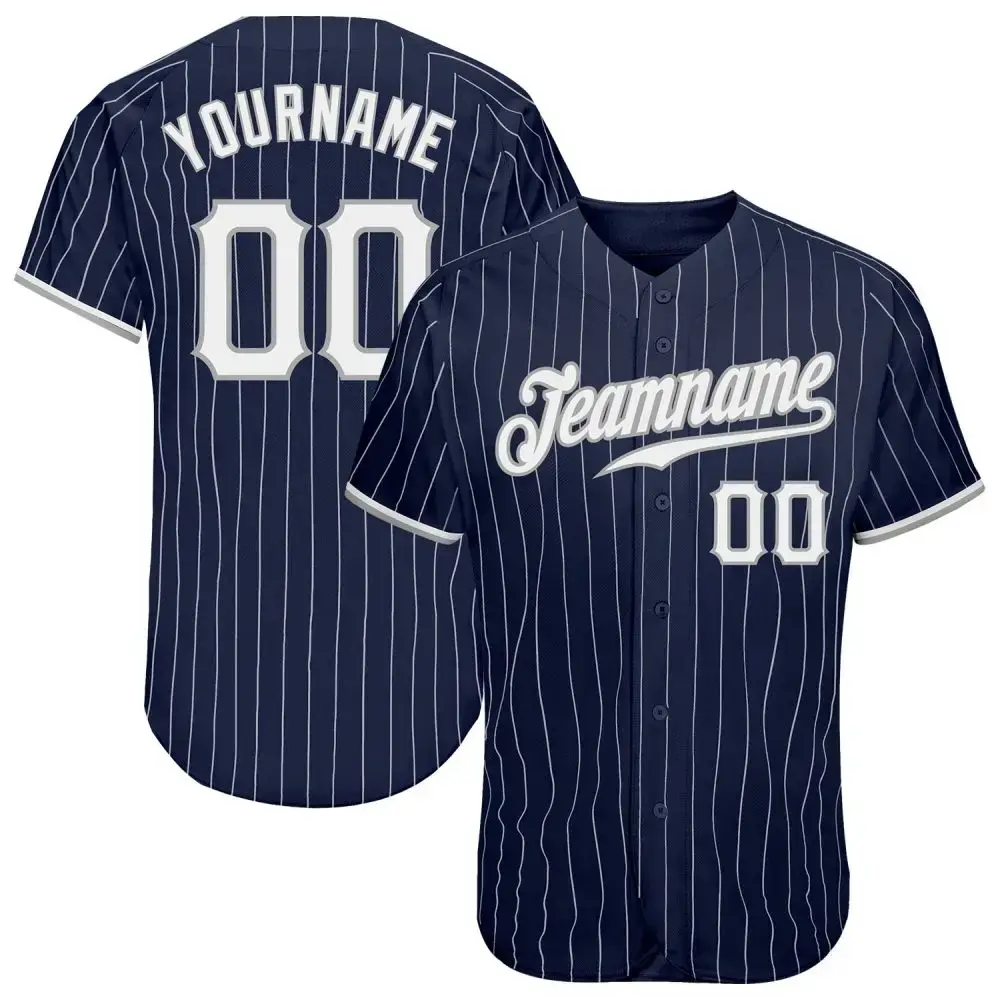 Custom Navy White Pinstripe White-Gray Authentic Baseball Jersey Image