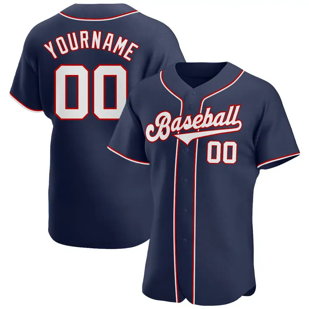 Custom Navy White-Red Authentic Baseball Jersey Image