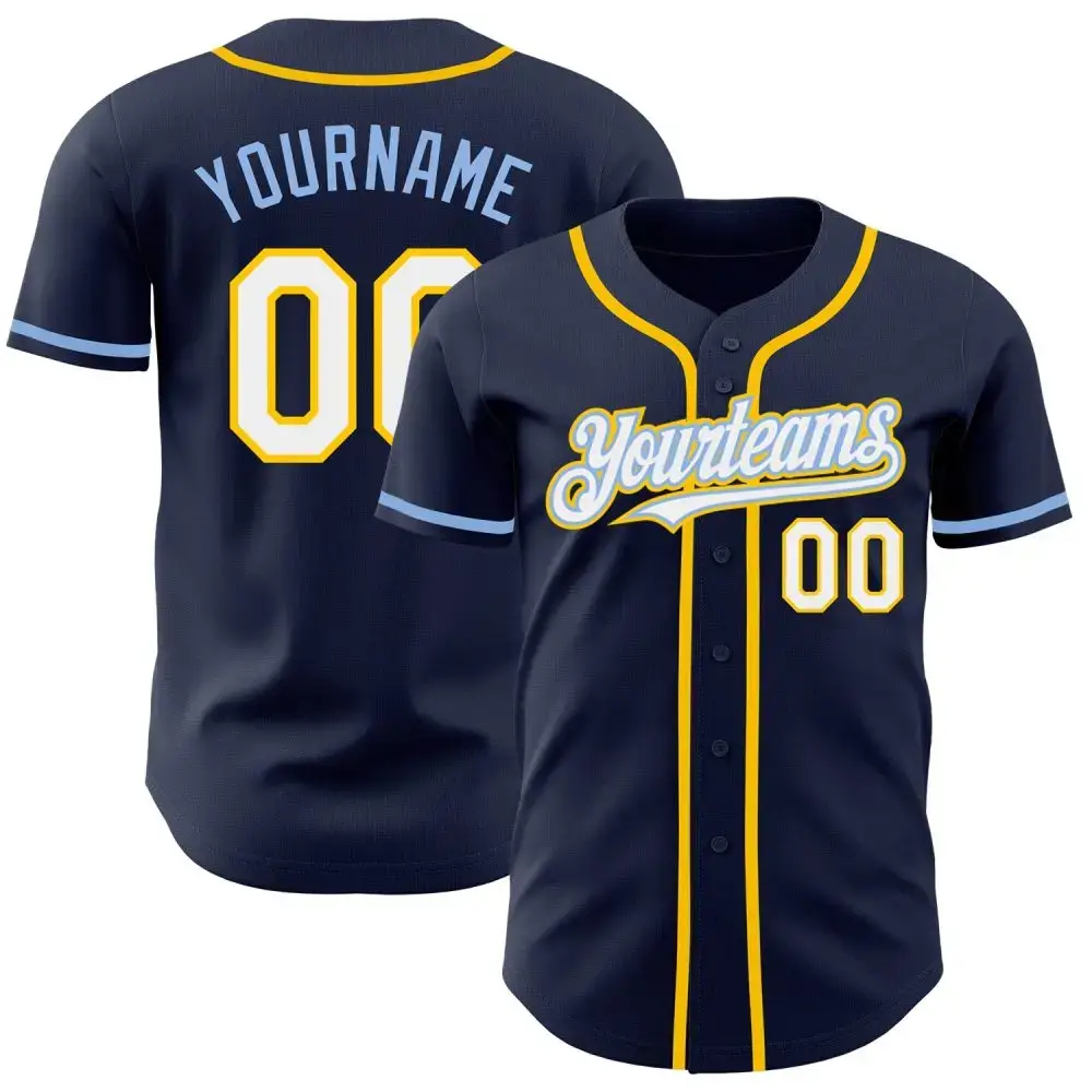 Custom Navy White Yellow-Light Blue Authentic Baseball Jersey Image