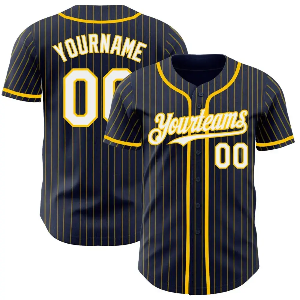 Custom Navy Yellow Pinstripe White Authentic Baseball Jersey Image