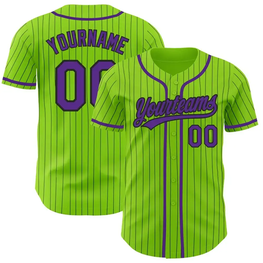 Custom Neon Green Black Pinstripe Purple Authentic Baseball Jersey Image