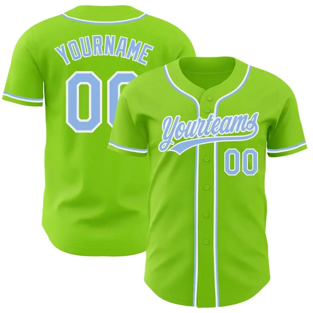 Custom Neon Green Light Blue-White Authentic Baseball Jersey Image