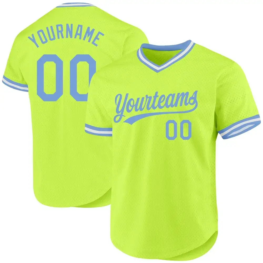 Custom Neon Green Light Blue-White Authentic Throwback Baseball Jersey Image