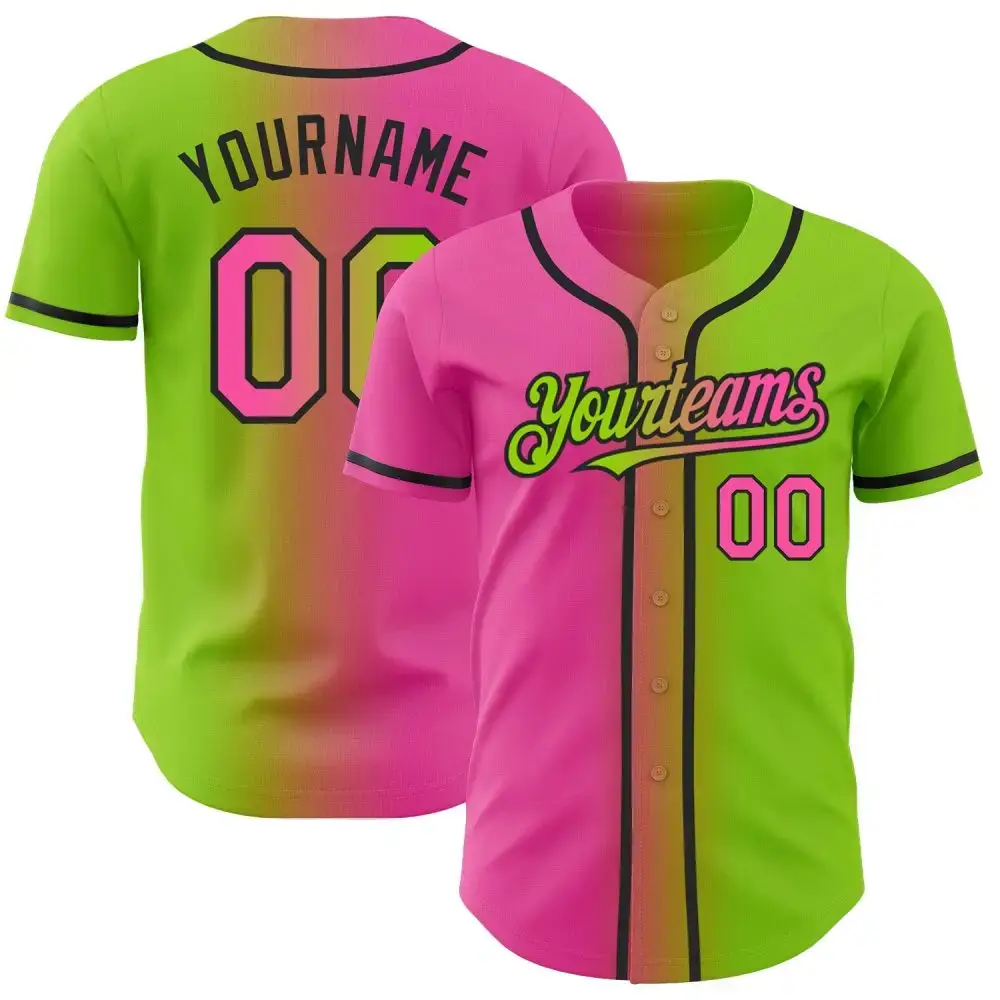 Custom Neon Green Pink-Black Authentic Gradient Fashion Baseball Jersey Image
