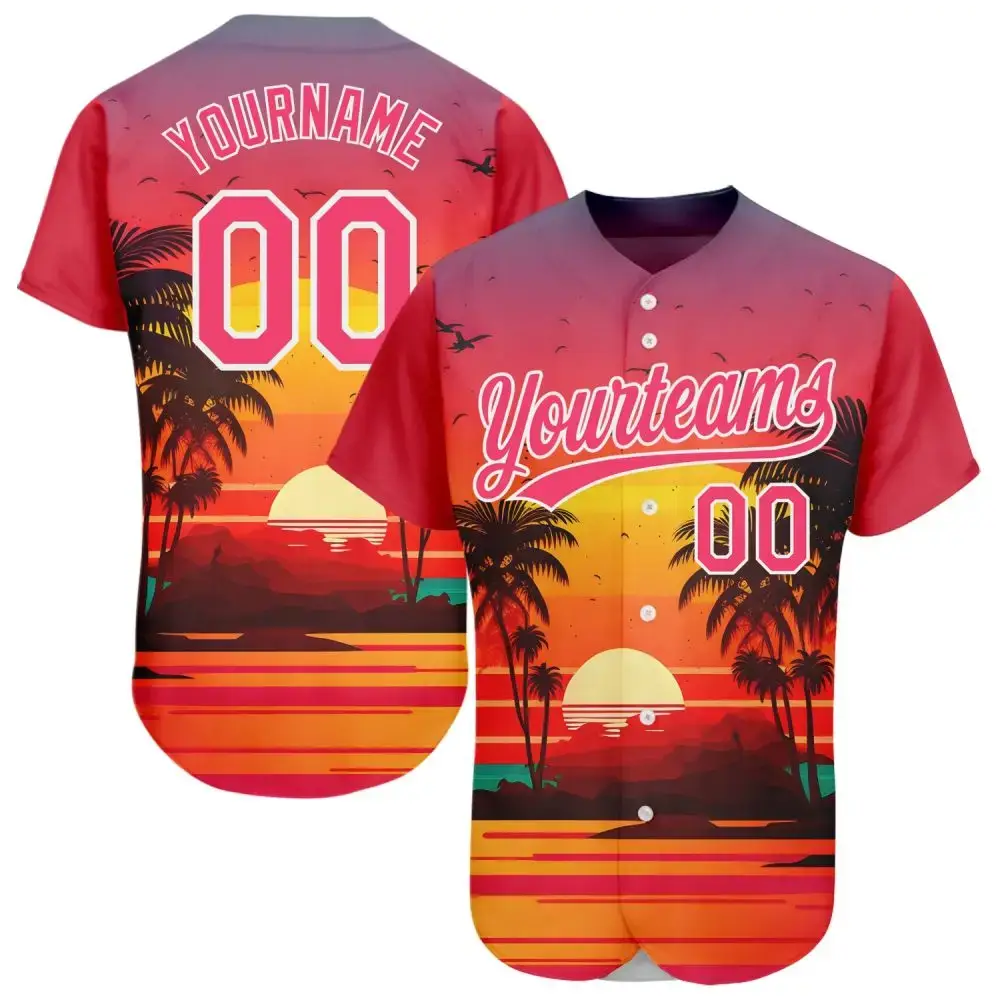 Custom Neon Pink White 3D Pattern Design Hawaii Palm Trees And Beach Sunrise Authentic Baseball Jersey Image