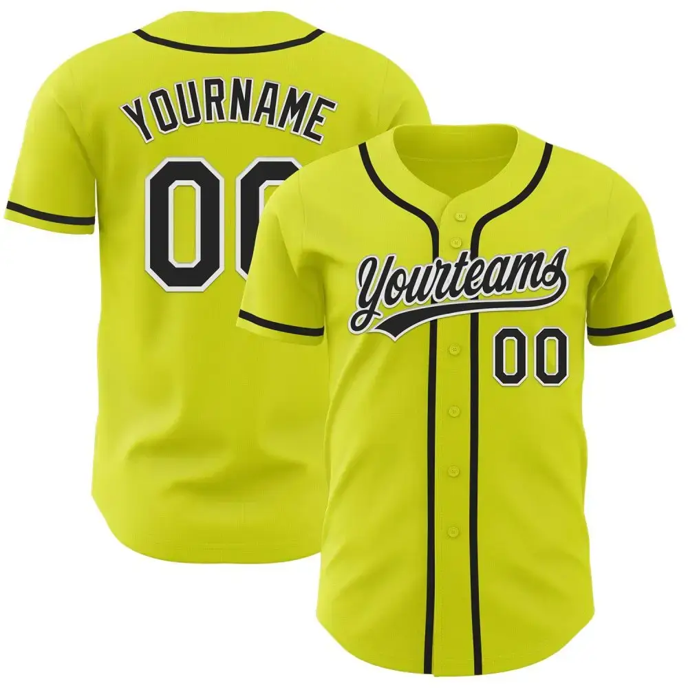Custom Neon Yellow Black-White Authentic Baseball Jersey Image