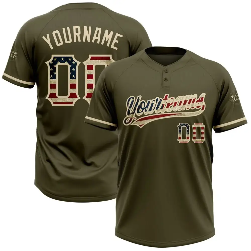 Custom Olive Vintage Usa Flag-City Cream Salute To Service Two-Button Unisex Softball Jersey Image