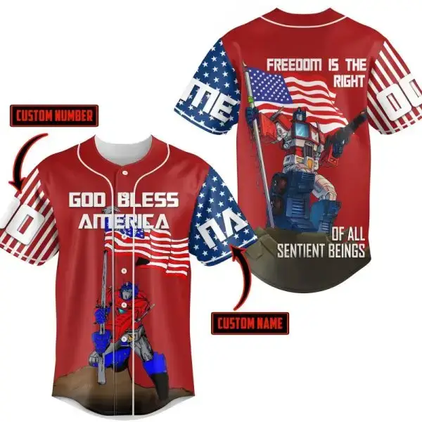 Custom Patriotic Transformer Baseball Jersey – God Bless America Design, Personalize Now! Image
