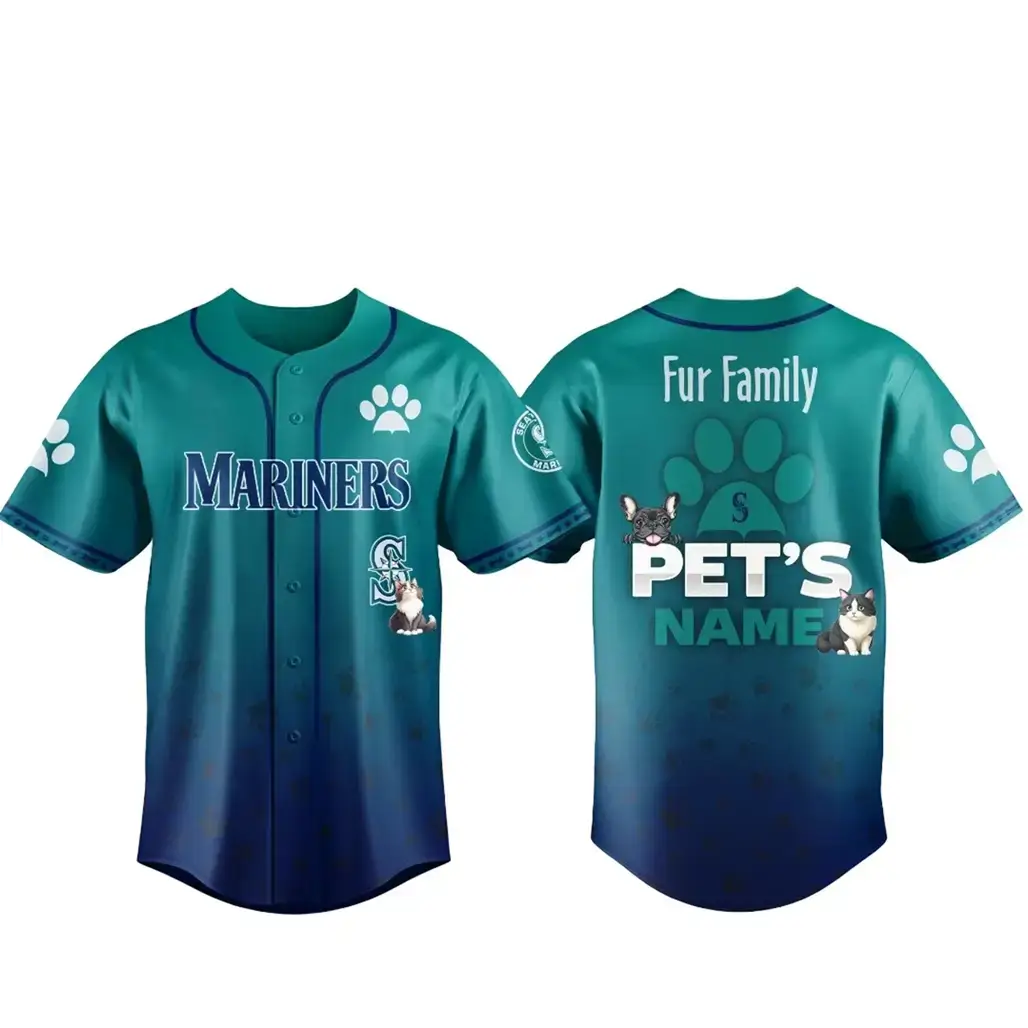 Custom Pet's Name Seattle Mariners Fur Family Pet Game Night 2026 Baseball Jersey Image