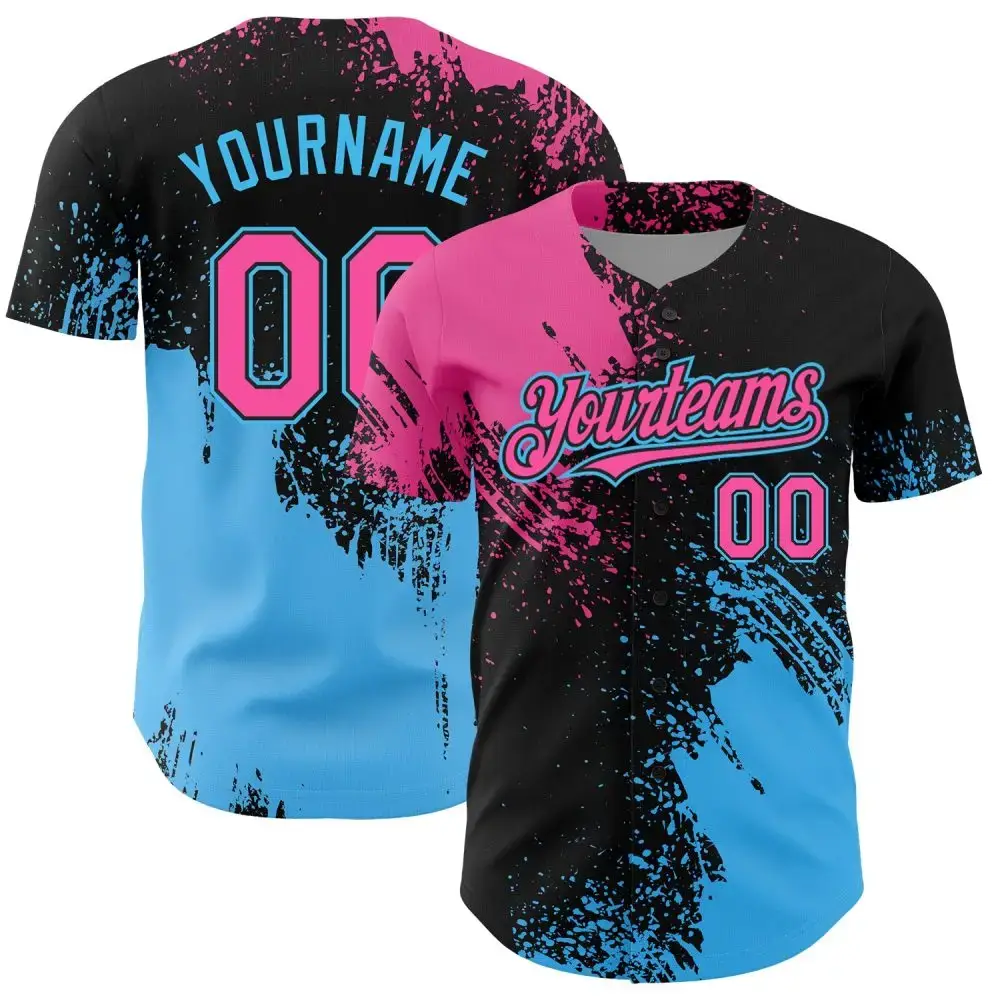 Custom Pink Black-Sky Blue 3D Pattern Design Abstract Brush Stroke Authentic Baseball Jersey Image