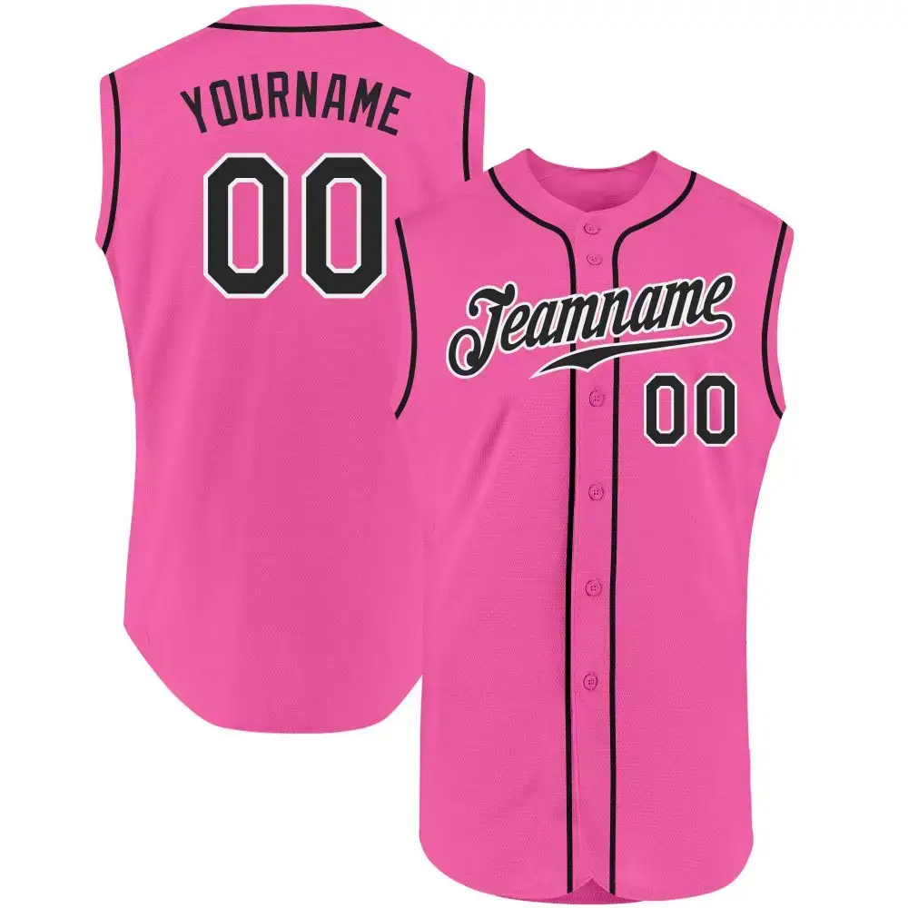 Custom Pink Black-White Authentic Sleeveless Baseball Jersey Image