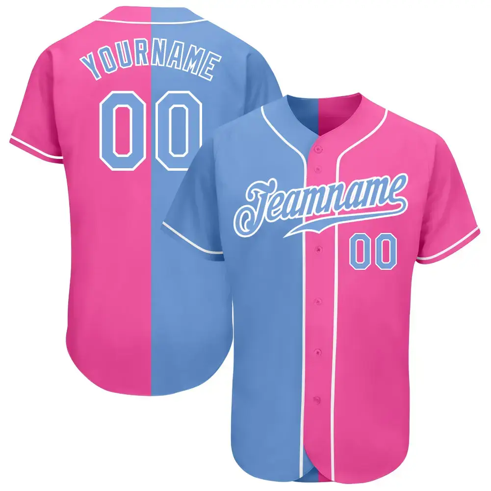 Custom Pink Light Blue-White Authentic Split Fashion Baseball Jersey Image