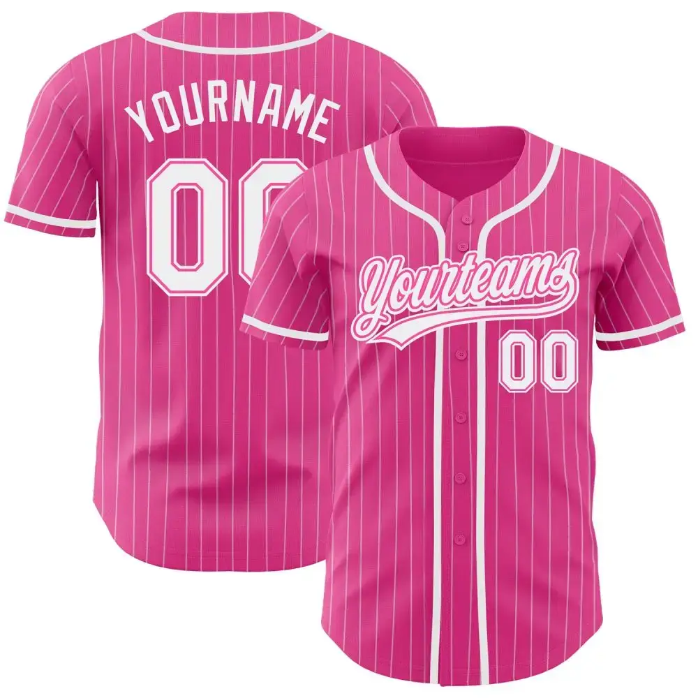 Custom Pink White Pinstripe White Authentic Baseball Jersey Image