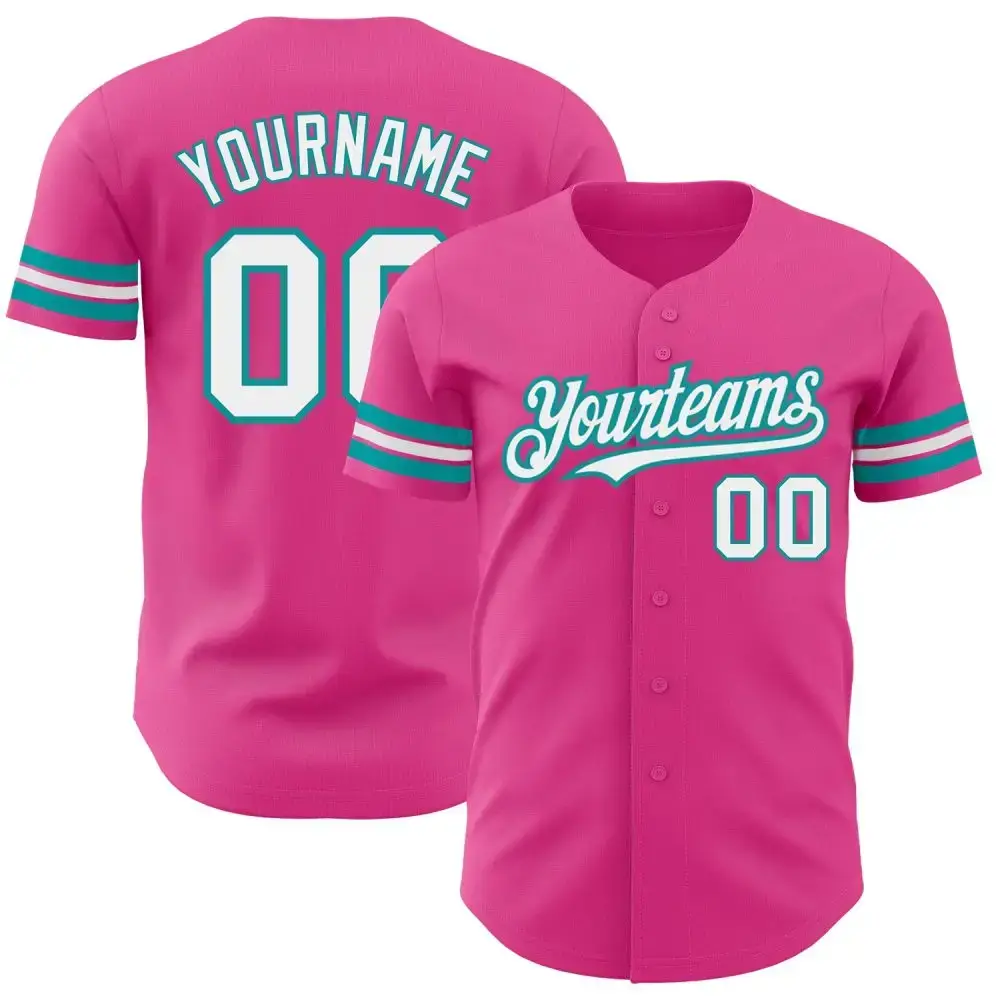 Custom Pink White-Teal Authentic Baseball Jersey Image