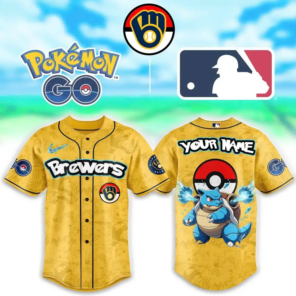 Custom Pokémon Baseball Jersey - Brewers Edition With Blastoise Design – Personalize Your Name! Image