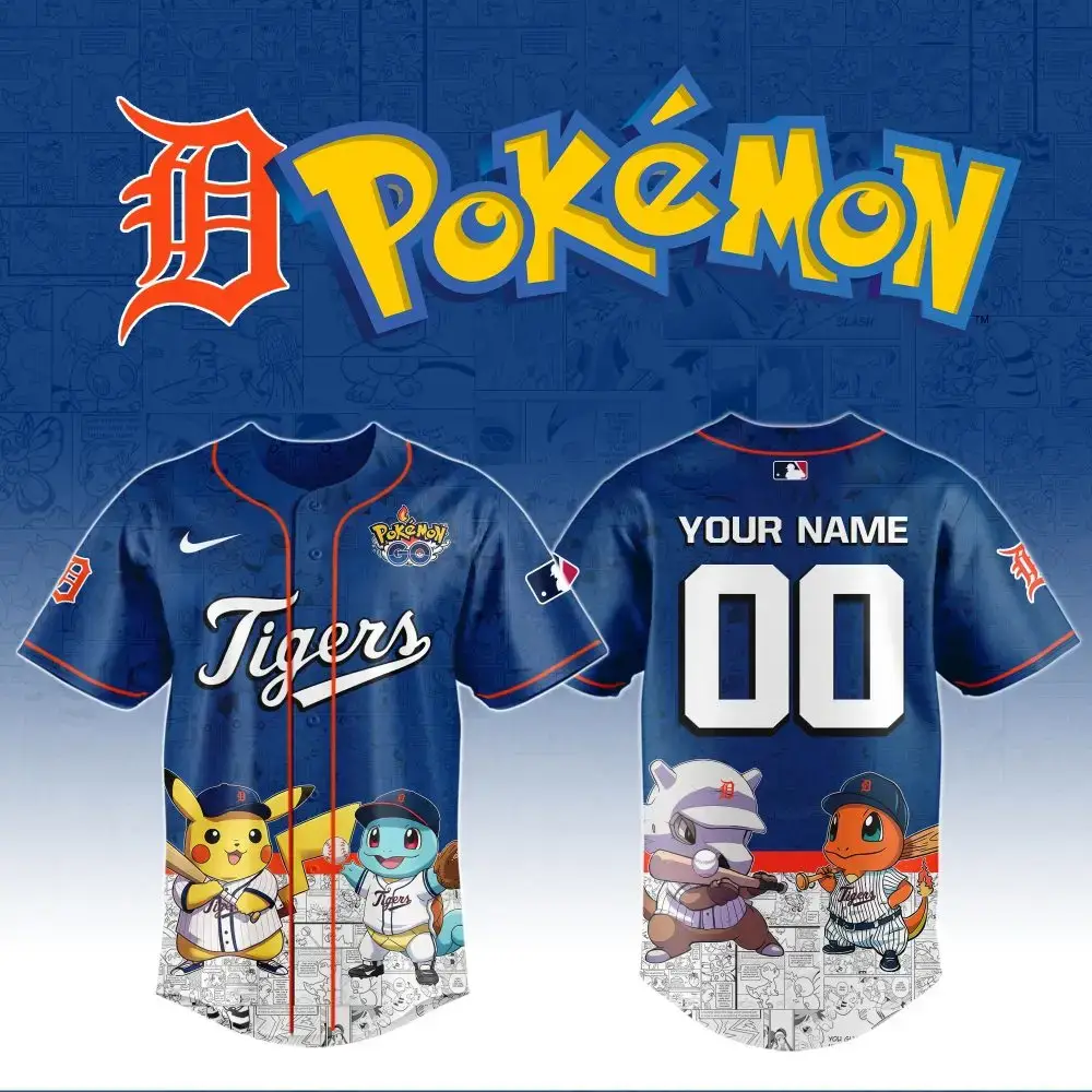 Custom Pokémon Baseball Jersey - Detroit Style, Pikachu & Friends Design, Personalized Name & Number Image